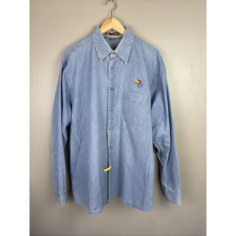 Kansas Jayhawks Size XL Denim Long Sleeve Button Down Shirt Harriton